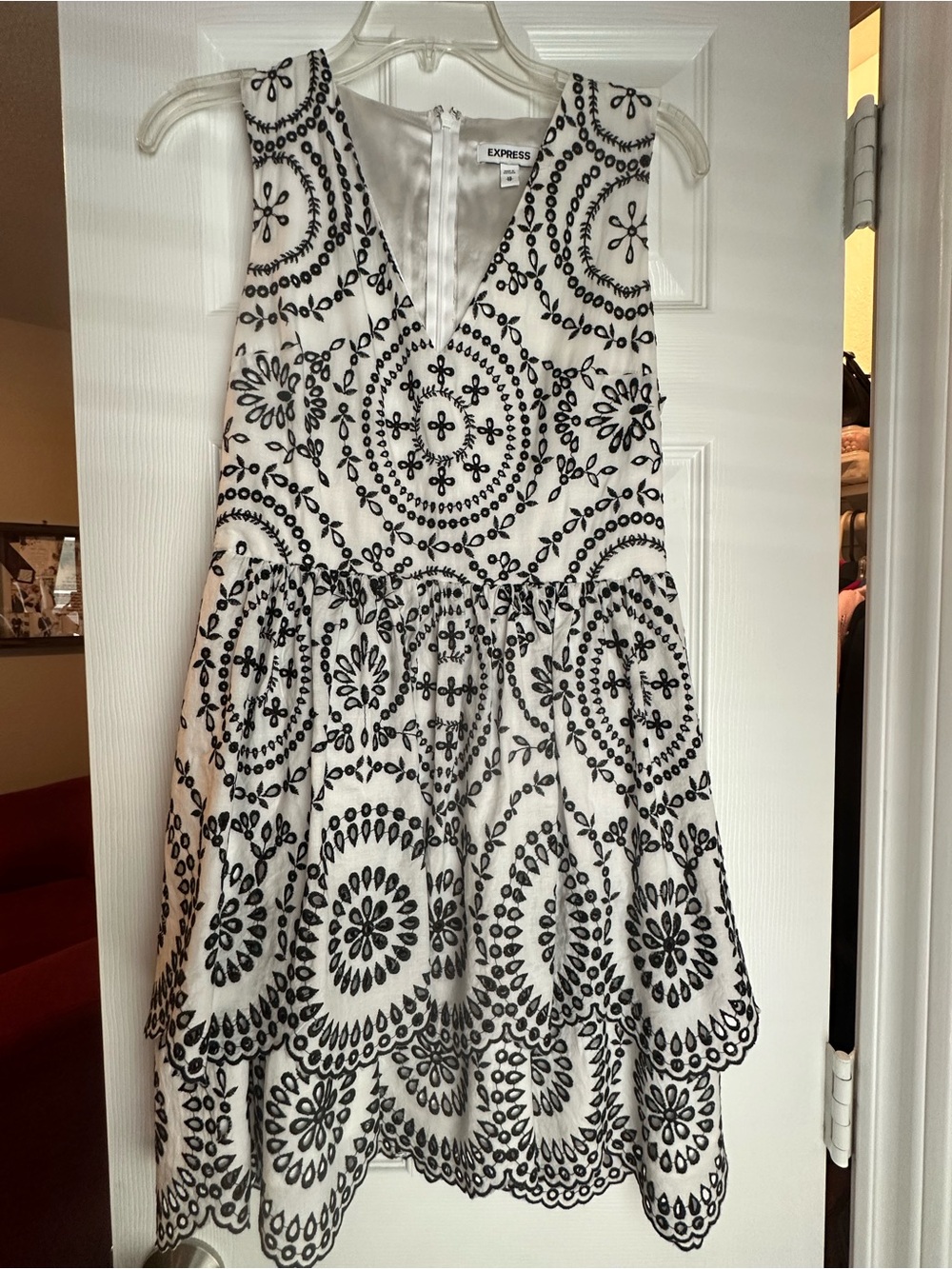 Express White Dress with Black Embroidered Medallion Pattern